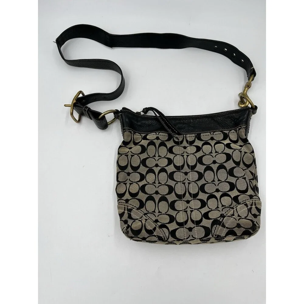 Coach Signature Monogram Canvas Crossbody Bag Black Tan Leather Trim Messenger